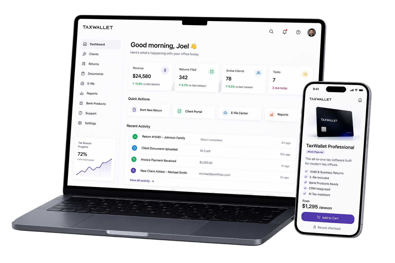 TaxWallet CRM on desktop and mobile